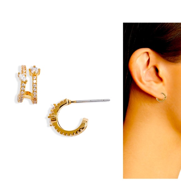 Jewelry - Illusion Gold Double Huggie Hoop Cubic  Earrings